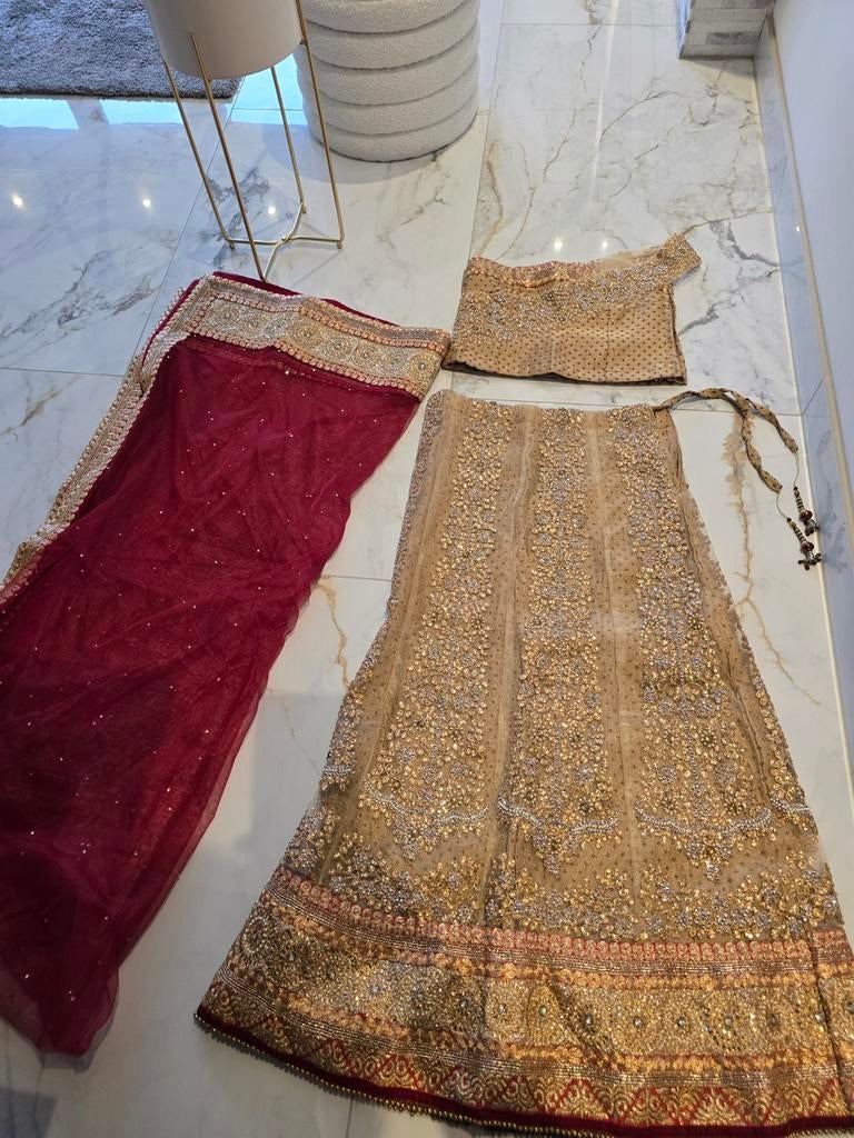Indiase 3-delige set: Rok, Top & Sjaal - Rood/Goud, Kleding | Dames, Gelegenheidskleding, Overige typen, Zo goed als nieuw, Rood