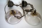 duo vintage antiek holophane hanglamp glas ribbel stof snoer, Ophalen of Verzenden