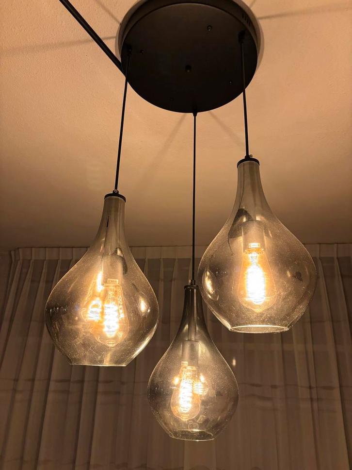 Glazen Hanglamp met 3 Druppels - Smoke Glas, Huis en Inrichting, Lampen | Hanglampen, Zo goed als nieuw, 50 tot 75 cm, Glas, Ophalen