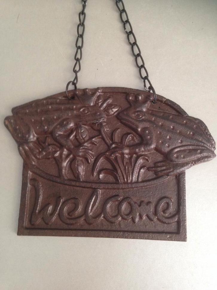 Deurplaatje welcome gietijzer vogel  en kikkers, Tuin en Terras, Tuinwanddecoratie, Nieuw, Ophalen of Verzenden