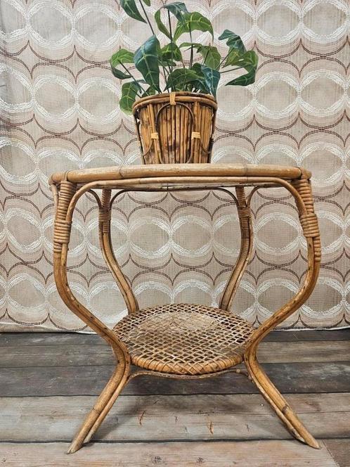 Vintage rotan ronde tafel wolkenglas retro salontafel 60s, Huis en Inrichting, Tafels | Bijzettafels, Gebruikt, Rond, Hout, Ophalen