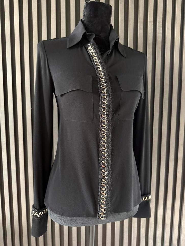 CHANEL Black Stretch Silk Blouse Tweed & chain trimmed  NEW, Kleding | Dames, Blouses en Tunieken, Nieuw, Maat 34 (XS) of kleiner