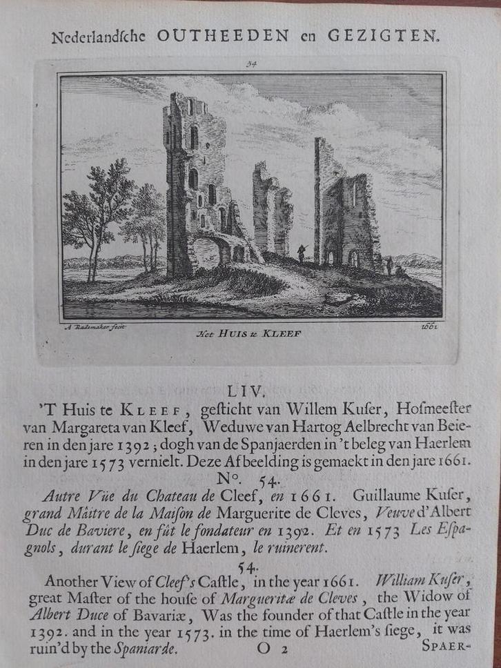 54 / Het huis te Kleef by Haarlem (1ste druk uit 1732), Antiek en Kunst, Kunst | Etsen en Gravures, Ophalen of Verzenden
