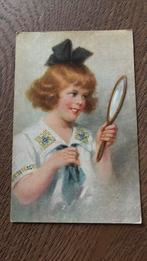 Portretkaatt.Meisje met strik in haar kijkt in handspiegel, Verzamelen, Ansichtkaarten | Themakaarten, Ophalen of Verzenden, Voor 1920