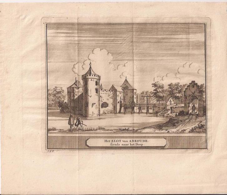 Het Slot van Abkoude siende naar het Dorp.18e eeuwse Abcoude, Antiek en Kunst, Kunst | Etsen en Gravures, Ophalen of Verzenden