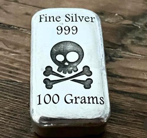 100 gram “Skull” zilverbaar., Postzegels en Munten, Edelmetalen en Baren, Zilver, Ophalen of Verzenden