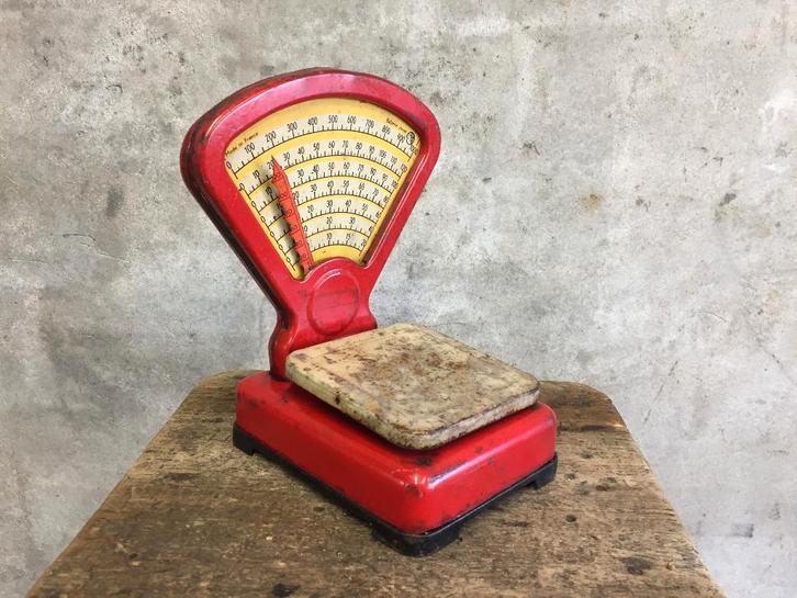Oude vintage rode blikken speelgoed weegschaal Memo France, Antiek en Kunst, Antiek | Speelgoed, Ophalen of Verzenden