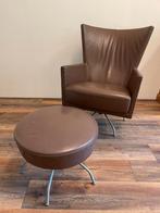 Bruine leren draai fauteuil Romeo van Montis met hocker, Huis en Inrichting, Fauteuils, Ophalen, Modern design, Minder dan 75 cm