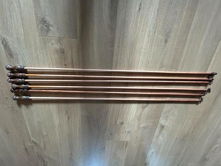 Set van 6 vintage houten gordijn trekstangen, Huis en Inrichting, Stoffering | Gordijnen en Lamellen, Gebruikt, 100 tot 150 cm