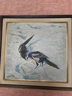 Klassiek olieverfschilderij van 2 eksters in de sneeuw., Antiek en Kunst, Ophalen of Verzenden