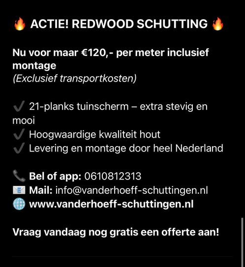 Redwood schutting nu voor €120,- per meter incl montage!, Tuin en Terras, Schuttingen, Zo goed als nieuw, Hout, 1 tot 2 meter