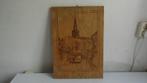 Oud tafereeltje, kerk met gracht en punterboot, pyrografie, Antiek en Kunst, Ophalen of Verzenden