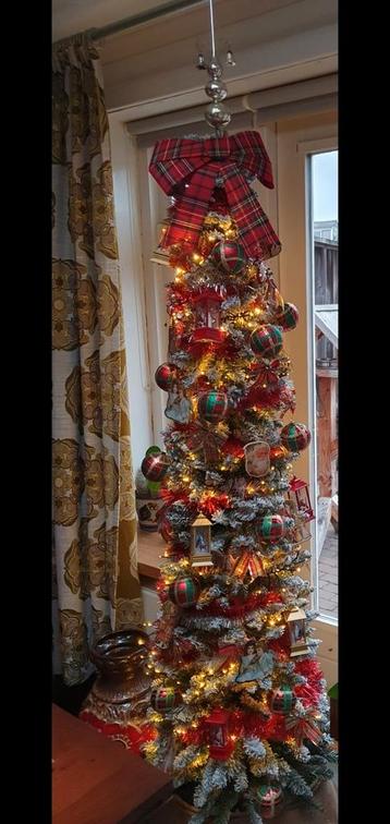 Smalle kerstboom 210cm hoog met sneeuw. beschikbaar voor biedingen
