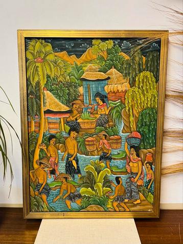 Prachtig vintage kunstwerk Bali Schilderij Canvas lijst goud beschikbaar voor biedingen