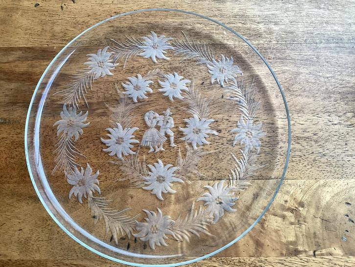 Vintage Glazen Serveerschaal met Edelweiss Motief, Antiek en Kunst, Antiek | Schalen, Ophalen of Verzenden