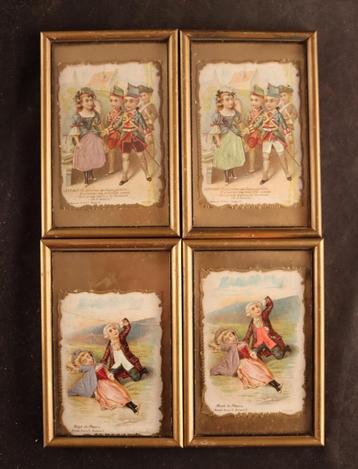 Vier antieke ingelijste prentjes  beschikbaar voor biedingen
