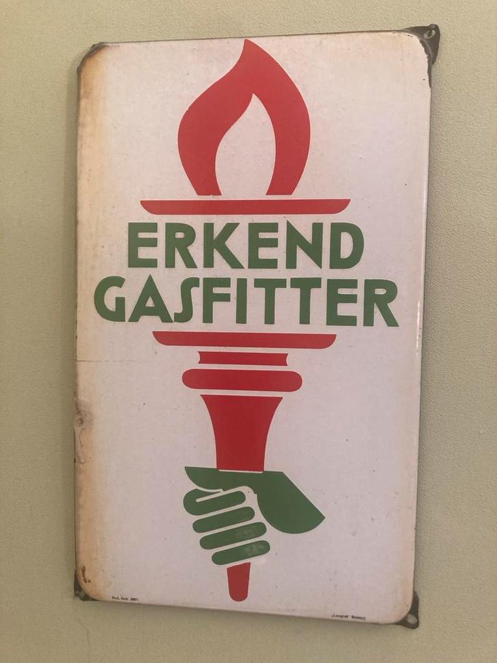 Retro Emaille Reclamebord Erkend Gasfitter, Verzamelen, Merken en Reclamevoorwerpen, Ophalen of Verzenden