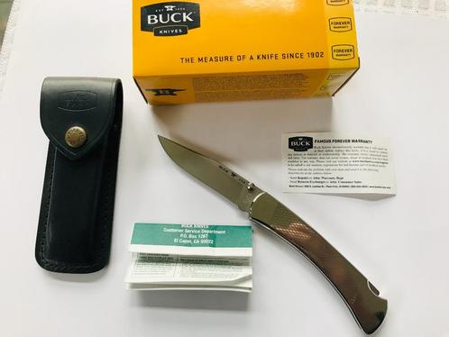 BUCK 110 Custom 2018 Complete NICKEL SILVER Folding Hunter L, Caravans en Kamperen, Kampeergereedschap, Nieuw, Ophalen of Verzenden