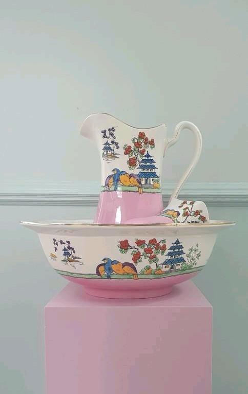 Prachtig antiek lampetstel - Pagoda Birds, Antiek en Kunst, Antiek | Porselein, Ophalen