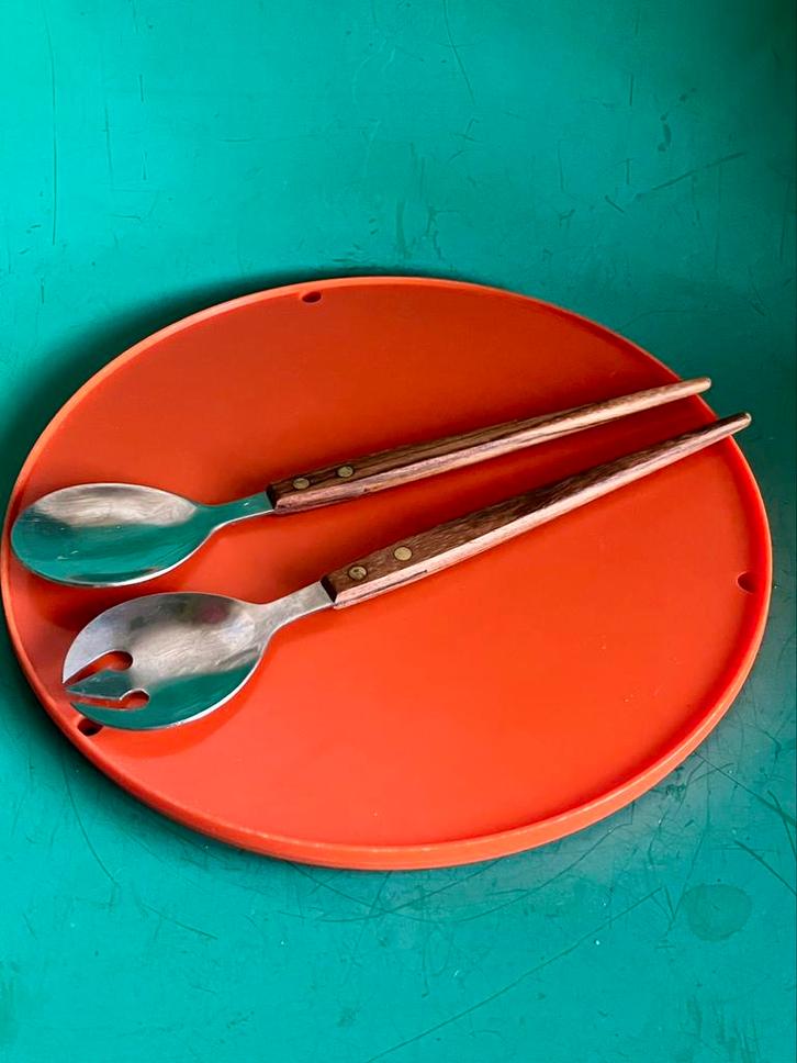 Retro slabestek opscheplepels hout Mid-Century, Huis en Inrichting, Keuken | Bestek, Gebruikt, Bestekset, Hout, Ophalen of Verzenden