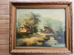 Schilderij Landschap met Huizen en Brug, Ophalen of Verzenden