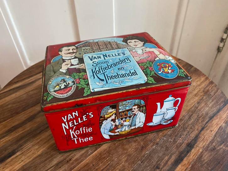 Vintage rood Van Nelle koffie en thee blik, Verzamelen, Blikken, Gebruikt, Koffie, Van Nelle, Ophalen of Verzenden