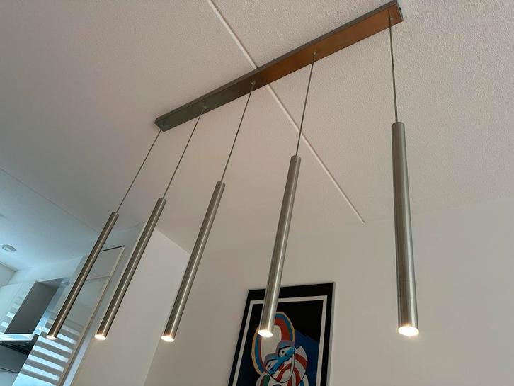 Moderne RVS Hanglamp eettafel, Huis en Inrichting, Lampen | Hanglampen, Zo goed als nieuw, Minder dan 50 cm, Metaal, Ophalen