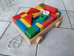 Houten trekkar met veel blokken, nette staat!, Kinderen en Baby's, Speelgoed | Houten speelgoed, Ophalen of Verzenden, Gebruikt