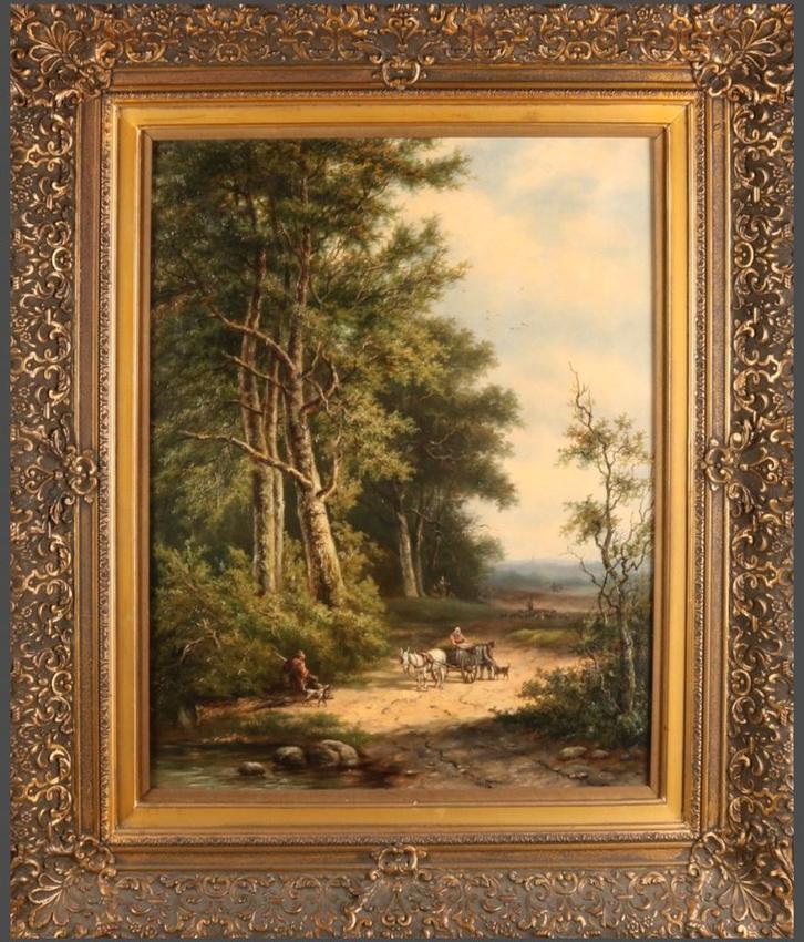 Lion Schulman. 1884 'Bosgezicht met figuren, paarden, Antiek en Kunst, Kunst | Schilderijen | Klassiek, Ophalen of Verzenden