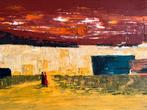 Olieverf op doek schilderij zeegezicht Langeweg expressief, Antiek en Kunst, Ophalen of Verzenden