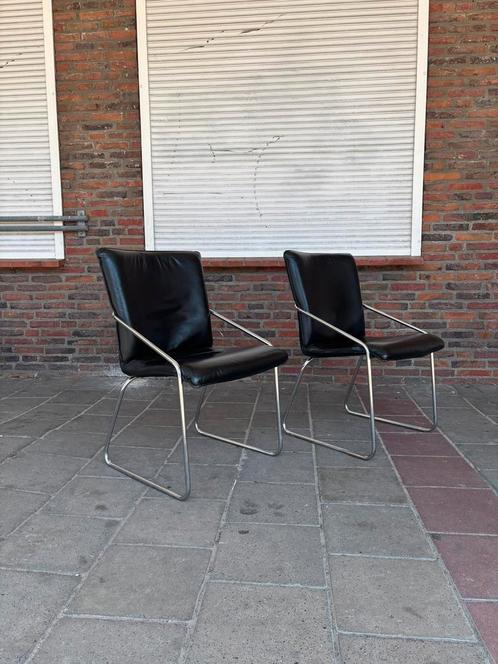 Set jaren 80 stoelen echt leer chroom buisframe, Huis en Inrichting, Stoelen, Gebruikt, Twee, Leer, Zwart, Ophalen