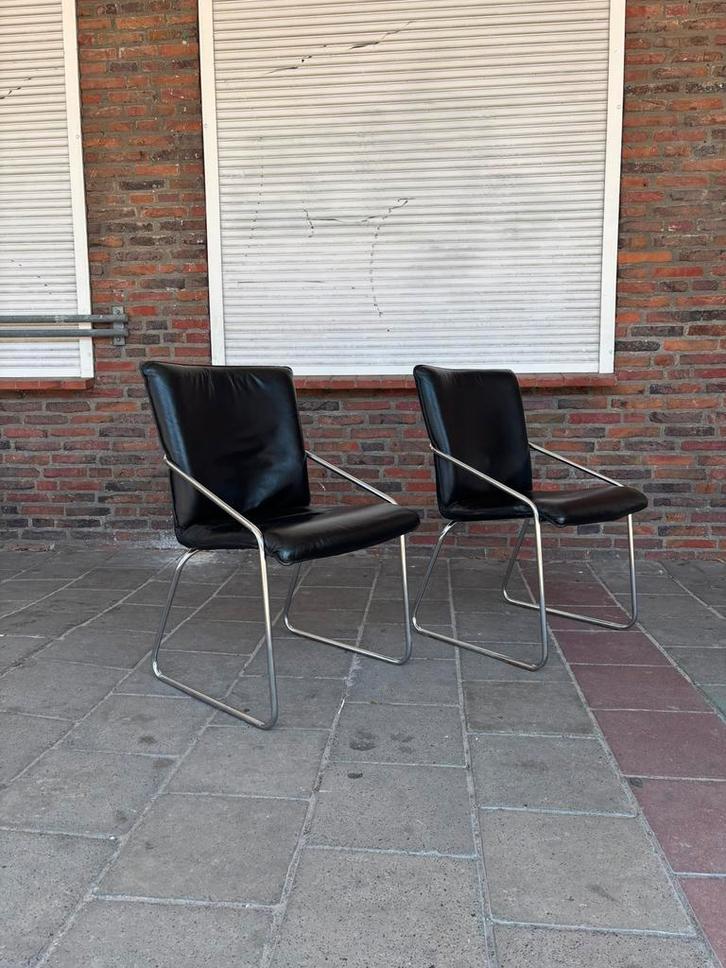 Set jaren 80 stoelen echt leer chroom buisframe, Huis en Inrichting, Stoelen, Gebruikt, Twee, Leer, Zwart, Ophalen