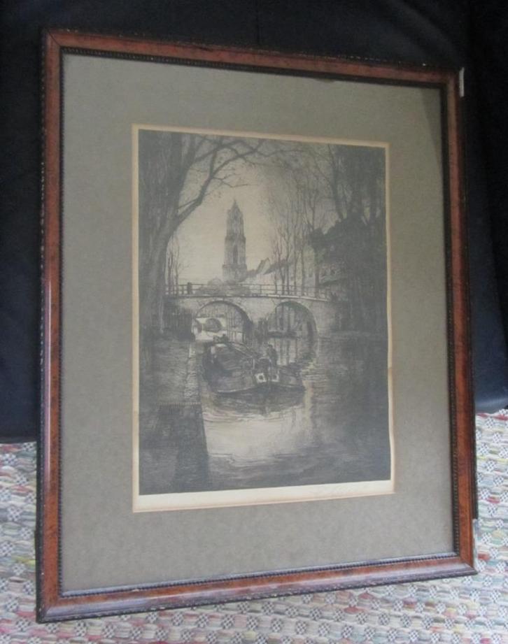 Ets of tekening stadsgezicht Wijk bij Duurstede of Utrecht, Antiek en Kunst, Kunst | Etsen en Gravures, Ophalen of Verzenden