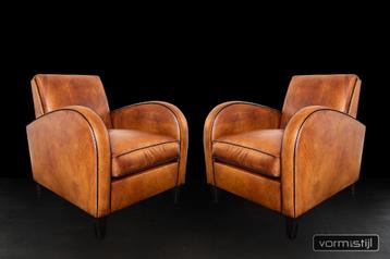 Exclusieve Art Deco fauteuil(s) in dik natuurecht zadelleer beschikbaar voor biedingen