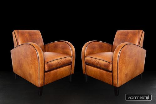 Exclusieve Art Deco fauteuil(s) in dik natuurecht zadelleer, Huis en Inrichting, Fauteuils, Nieuw, Leer, 75 tot 100 cm, 75 tot 100 cm