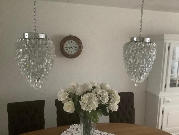 Set van 2 hanglampen, Huis en Inrichting, Lampen | Hanglampen, Gebruikt, 75 cm of meer, Glas, Metaal, Ophalen