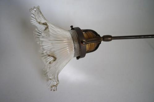 vintage antiek holophane hanglamp glas ribbel messing lampje, Antiek en Kunst, Antiek | Lampen, Ophalen of Verzenden