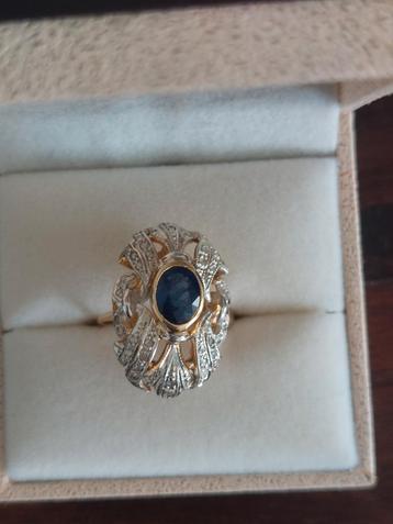 Italiaanse ring in geelgoud en zilver met diamant en saffier beschikbaar voor biedingen