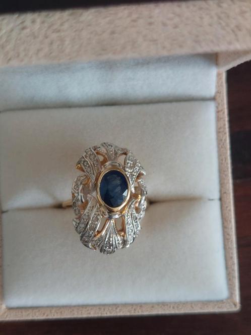Italiaanse ring in geelgoud en zilver met diamant en saffier, Sieraden, Tassen en Uiterlijk, Ringen, Zo goed als nieuw, Dame, 18 tot 19