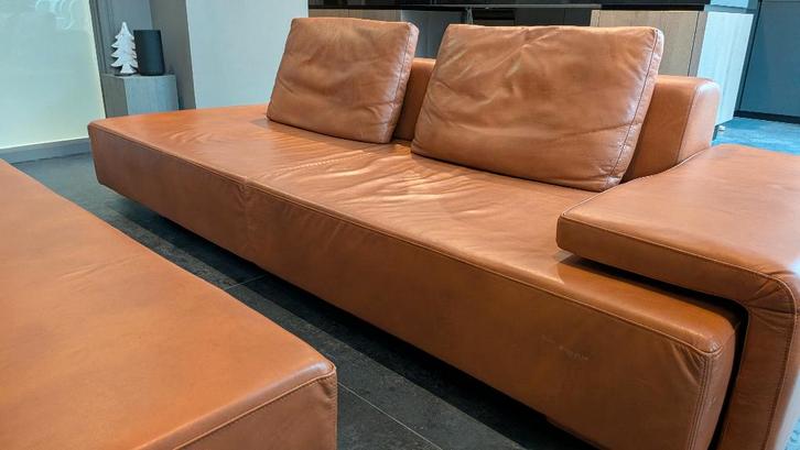 Cognac leren bank (Goossens Vassione), Huis en Inrichting, Banken | Bankstellen, Gebruikt, Rechte bank, Vierpersoons of meer, 200 tot 250 cm