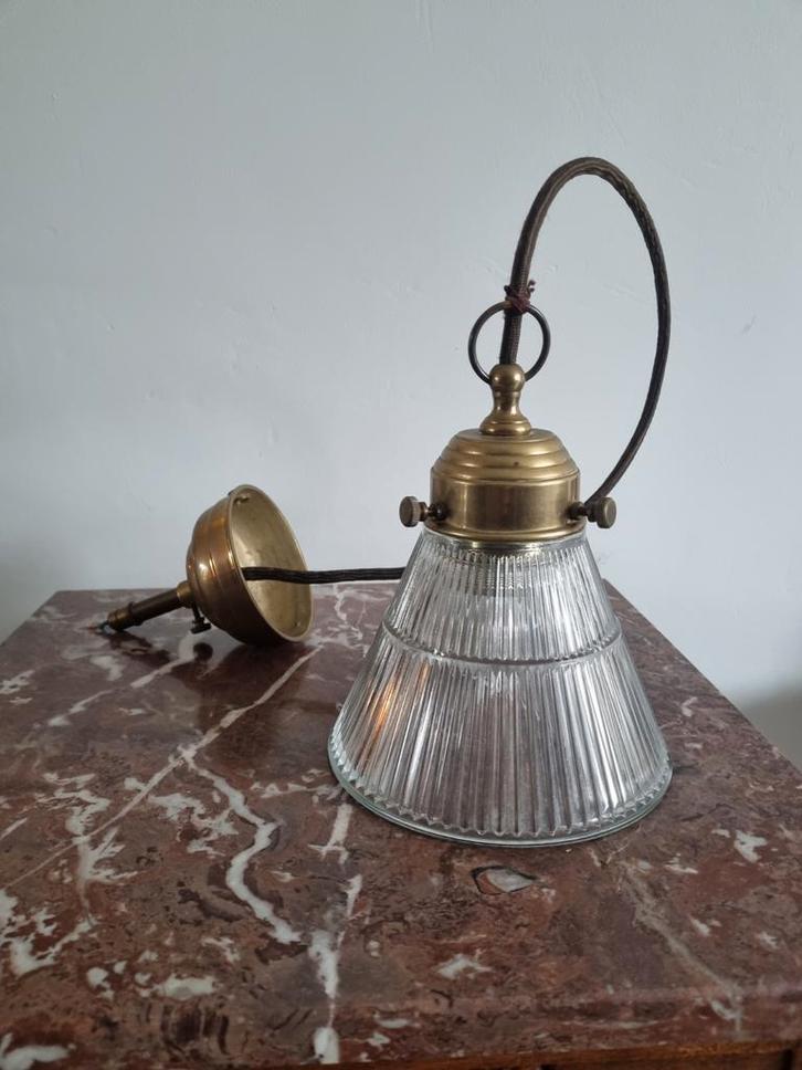 Vintage glazen hanglamp, Huis en Inrichting, Lampen | Hanglampen, Gebruikt, Minder dan 50 cm, Glas, Metaal, Ophalen of Verzenden