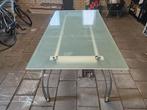 Design glazen eettafel met verchroomde poten/ onderstel., Ophalen, 50 tot 100 cm, Vijf personen of meer, 150 tot 200 cm
