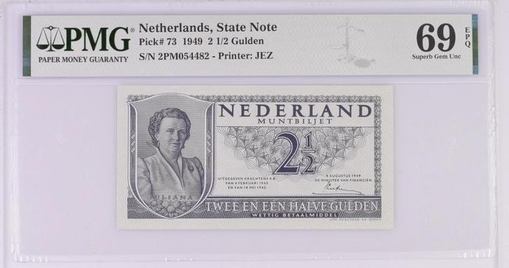 UNC biljet 2,5 gulden Juliana, 1949 | PMG 69 (bijna top pop), Postzegels en Munten, Bankbiljetten | Nederland, 1 gulden, Ophalen of Verzenden
