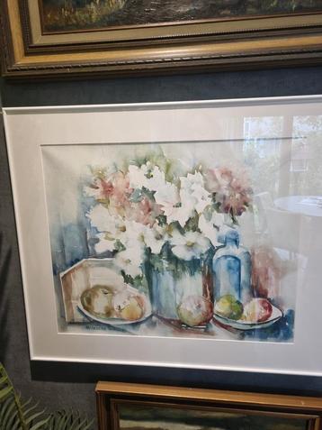 Aquarel Stilleven met Bloemen en Fruit beschikbaar voor biedingen