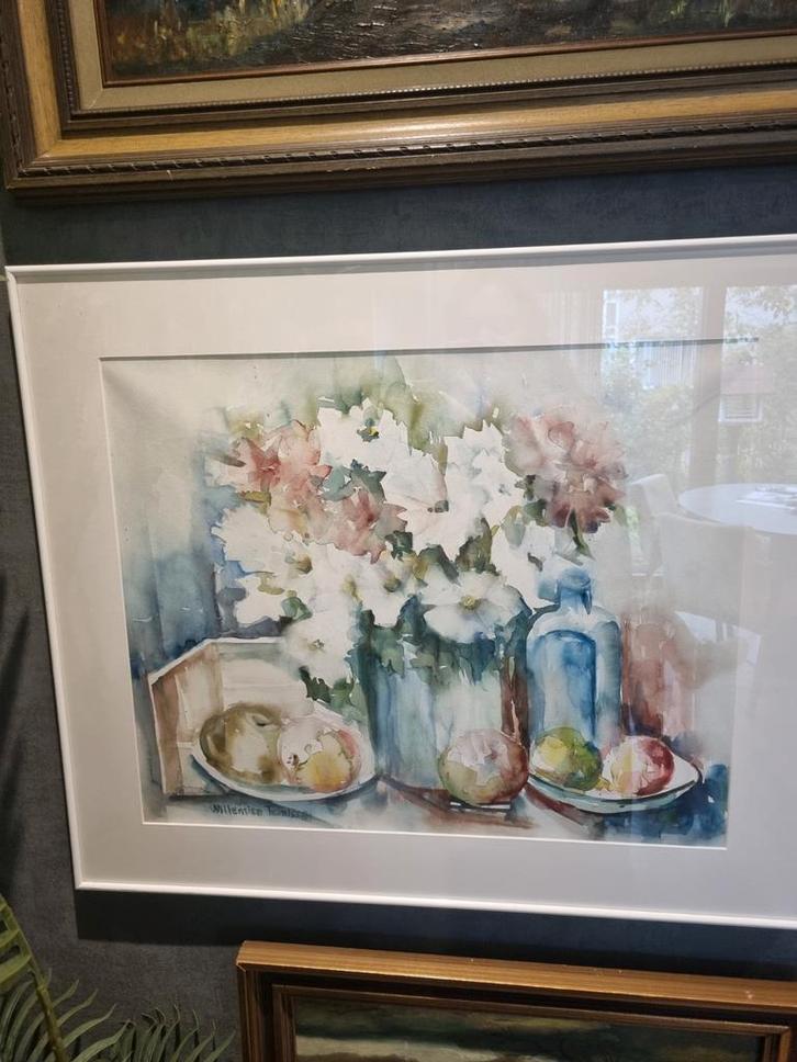 Aquarel Stilleven met Bloemen en Fruit, Antiek en Kunst, Kunst | Schilderijen | Klassiek, Ophalen of Verzenden