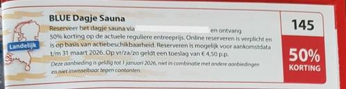 Blue Wellness dagje Sauna 50% korting, Tickets en Kaartjes, Kortingen en Cadeaubonnen, Drie personen of meer, Spa of Sauna, Kortingsbon