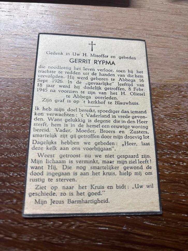 Oorlog  - Rypma Gerrit 1926 Abbega 1945 - 25158, Verzamelen, Bidprentjes en Rouwkaarten, Bidprentje, Verzenden