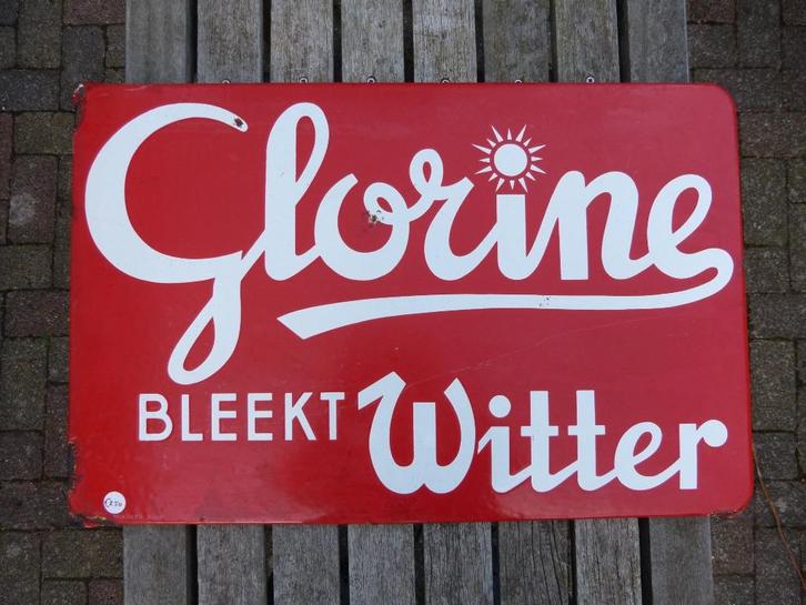 Emaille reclamebord oud antiek Glorine 1950 - 1960, Verzamelen, Merken en Reclamevoorwerpen, Gebruikt, Reclamebord, Ophalen of Verzenden