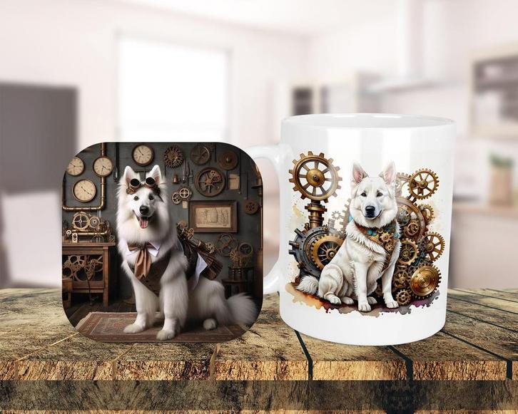 Witte Herder Steampunk set onderzetter + mok, Huis en Inrichting, Keuken | Servies, Nieuw, Kop(pen) en/of Schotel(s), Overige stijlen