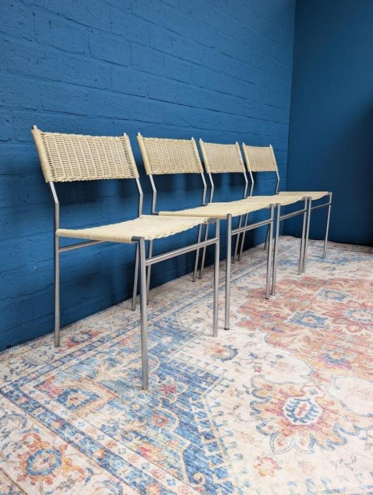 4x Martin Visser SE05 stoelen, Nederlands design, Huis en Inrichting, Stoelen, Gebruikt, Vier, Metaal, Riet of Rotan, Ophalen